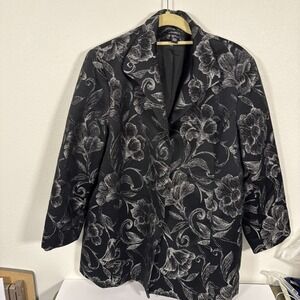 Louben Canada Black Silver‎ Floral Brocade Blazer Jacket Women's 14 Snap Front